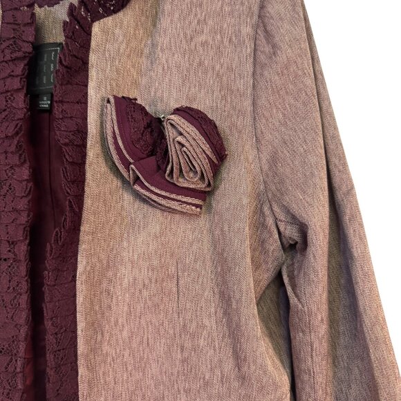 Due Per Due Womens Size 16 Ruffled Blazer With Rosette Accent Wine & Taupe - Picture 2 of 6